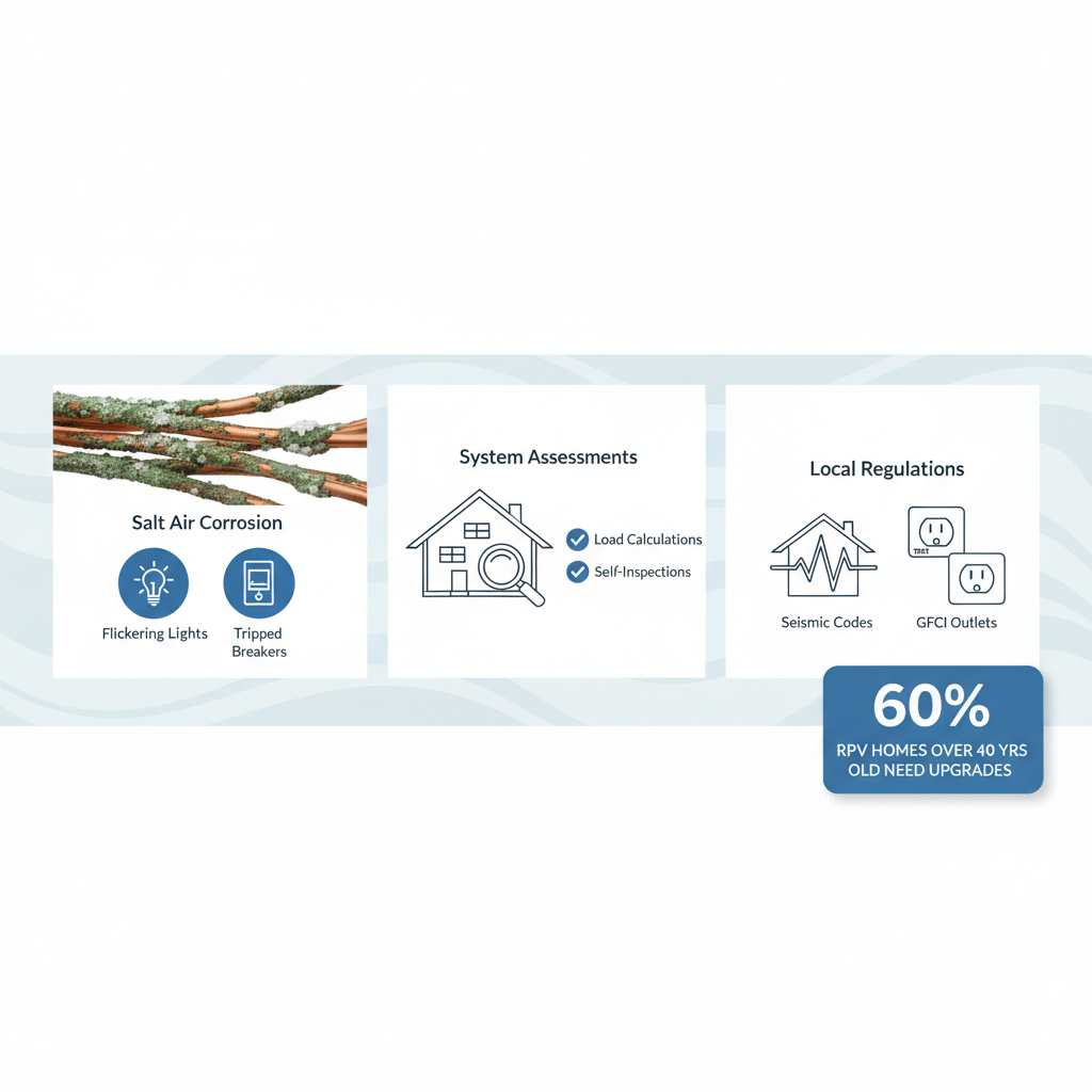 Infographic depicting common electrical problems, assessment methods, and regulations for Rancho Palos Verdes homes
