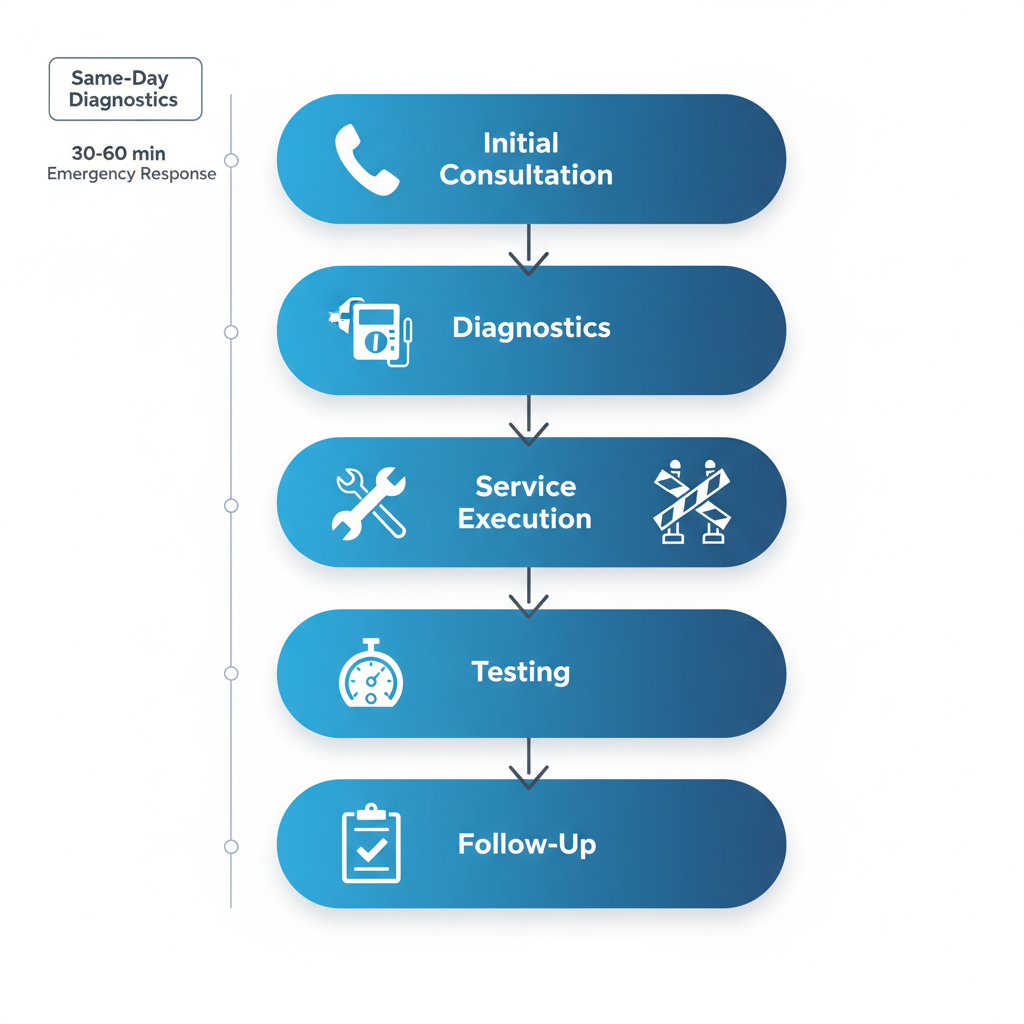Process flow diagram showing five stages of professional electrical services: consultation, diagnostics, execution, testing, and follow-up in Rancho Palos Verdes