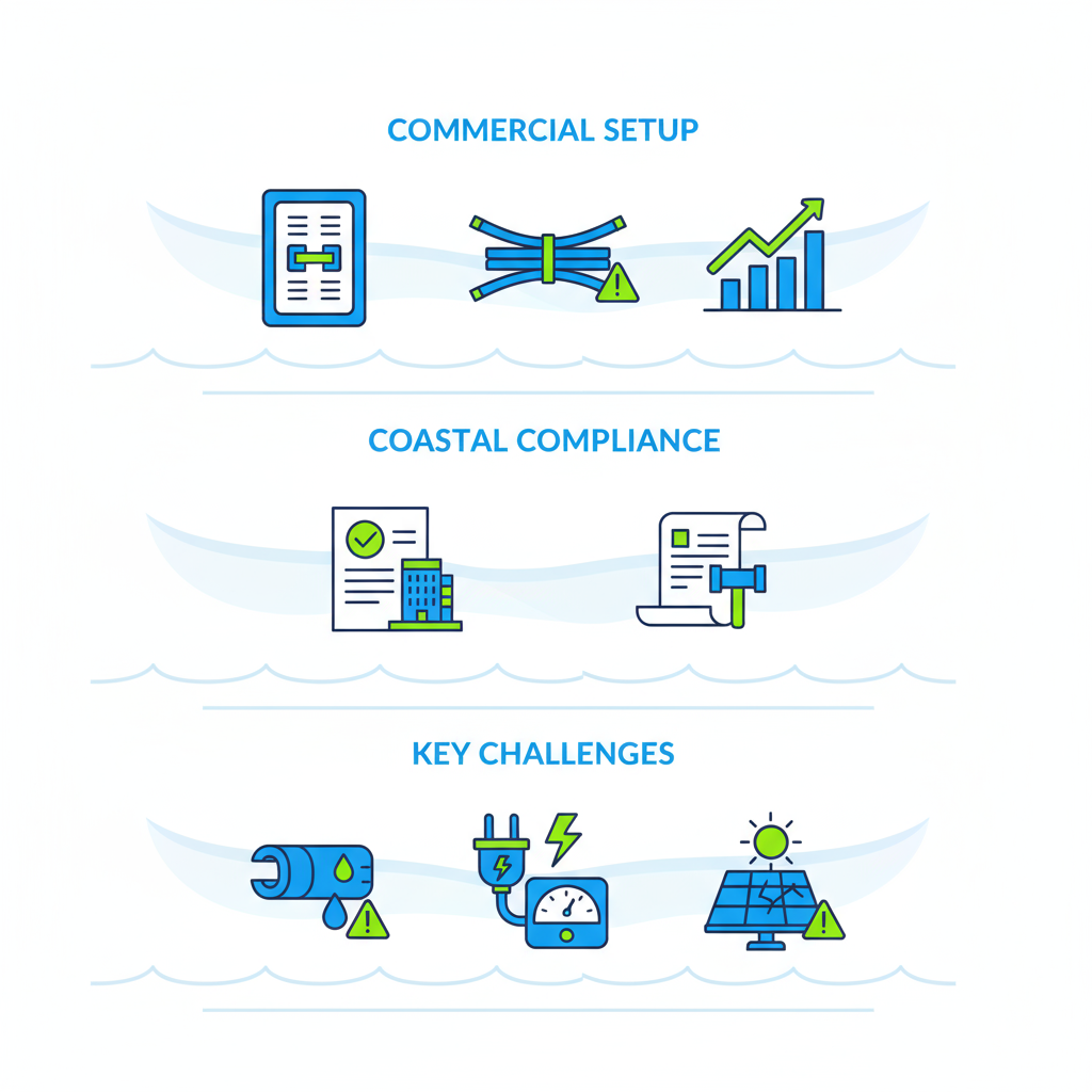 Infographic depicting commercial electrical components, local regulations, and coastal challenges in Rancho Palos Verdes