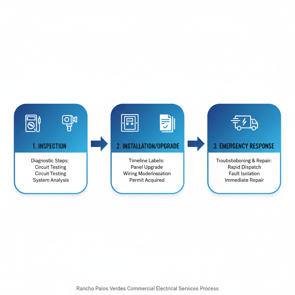 Horizontal process flow diagram of commercial electrical services stages: inspection, installation and upgrade, emergency response