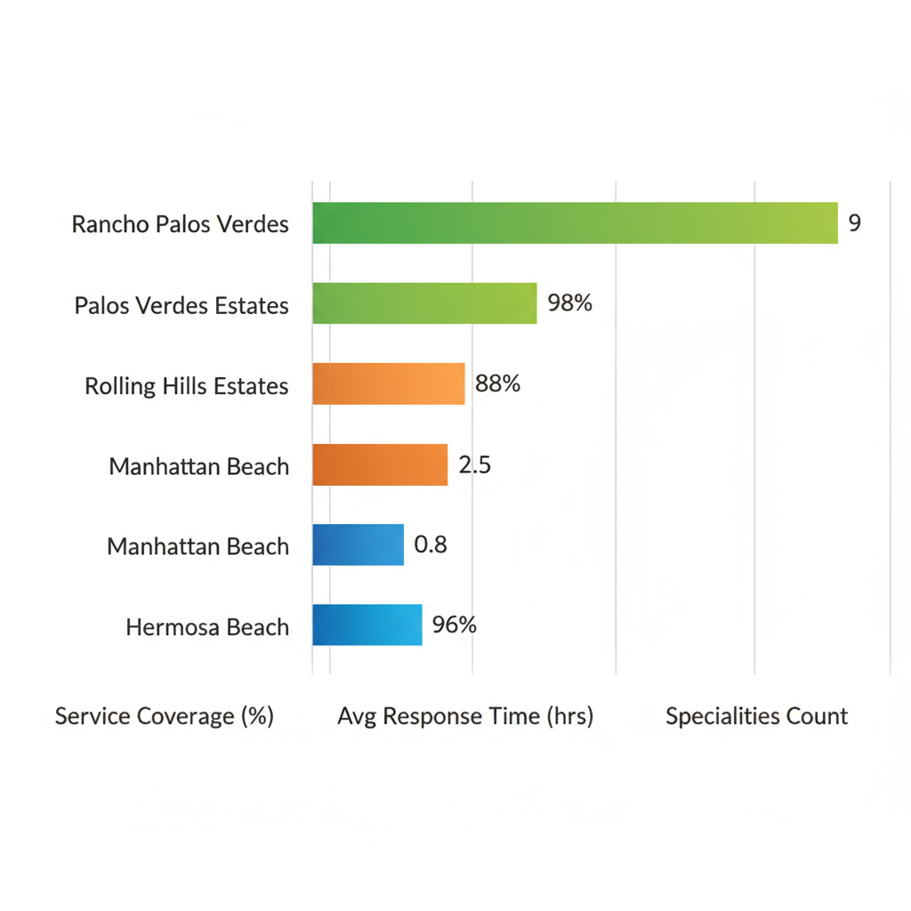 Comparative bar chart of electrical service coverage, response times, and specialties in Palos Verdes areas