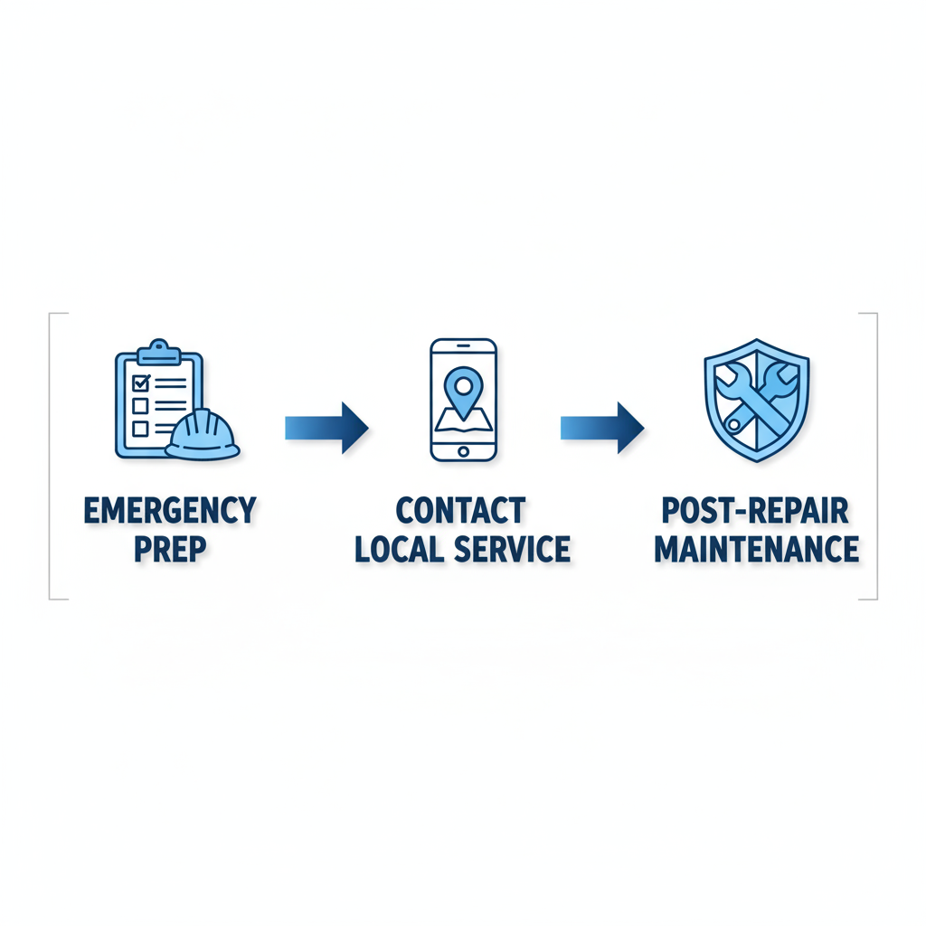 Horizontal process flow diagram illustrating three steps for handling electrical hazards: preparation, contacting services, and maintenance.