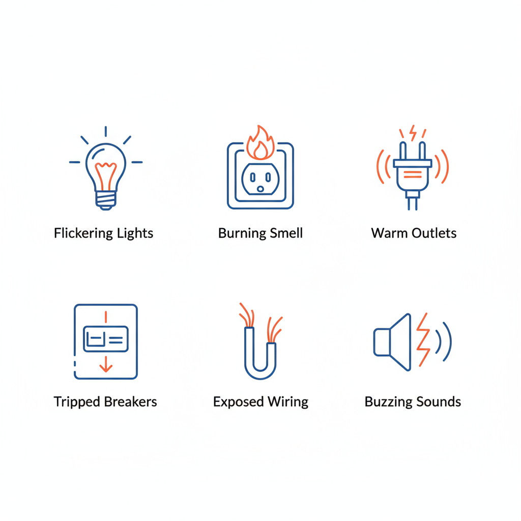 Set of six icons depicting common electrical emergency signs including flickering lights, burning smells, warm outlets, tripped breakers, exposed wiring, and buzzing sounds