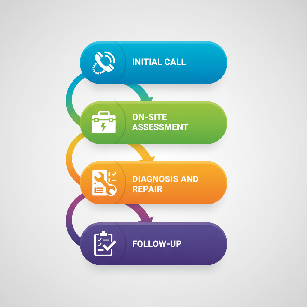 Process flow diagram illustrating the four stages of emergency electrical services from initial call to follow-up