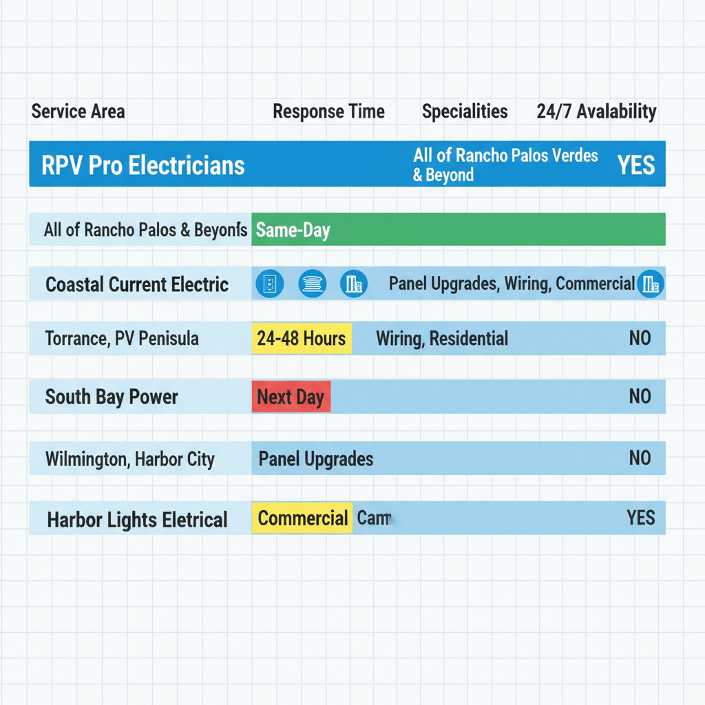 Bar chart comparing electrical service providers in Rancho Palos Verdes by coverage, response time, specialties, and availability