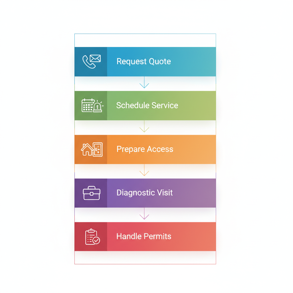Vertical process flow illustrating five steps to initiate an electrical project: request quote, schedule service, prepare access, diagnostic visit, and handle permits.