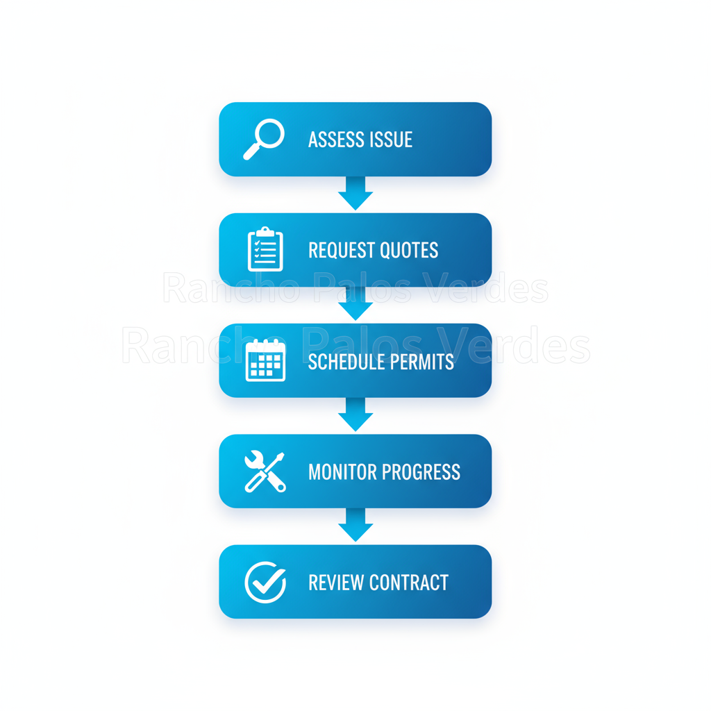 Visual process flow diagram illustrating the five key steps to hire a local electrician, from assessing issues to reviewing contracts.