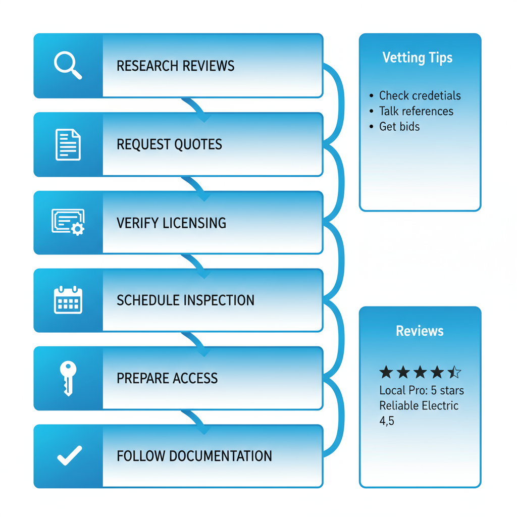 Vertical process flow diagram illustrating six steps to hire a local electrician with icons and minimal labels
