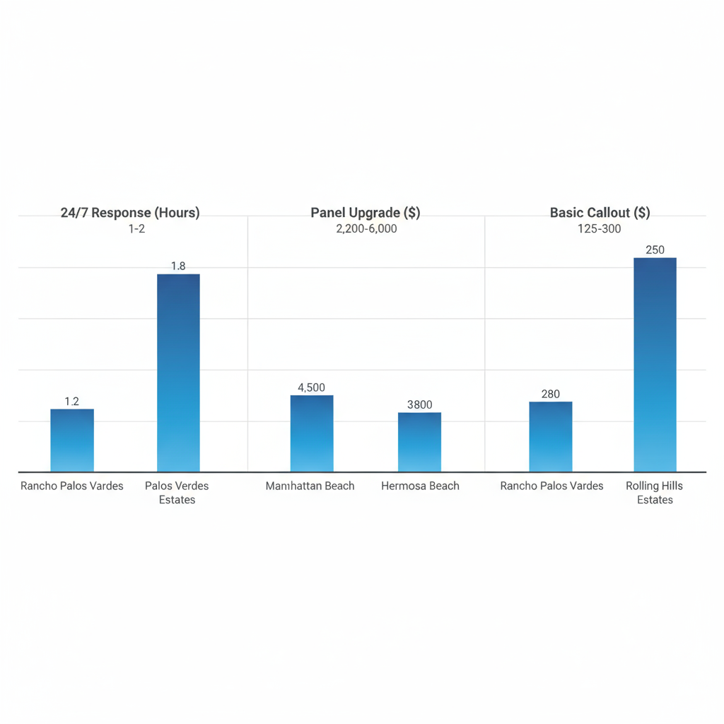 Bar chart comparing electrical service response times, panel upgrade costs, and callout fees across Rancho Palos Verdes and neighboring coastal areas