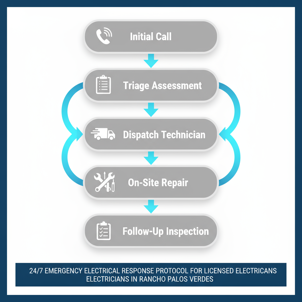 Diagram illustrating the five-step 24/7 emergency electrical response process in Rancho Palos Verdes