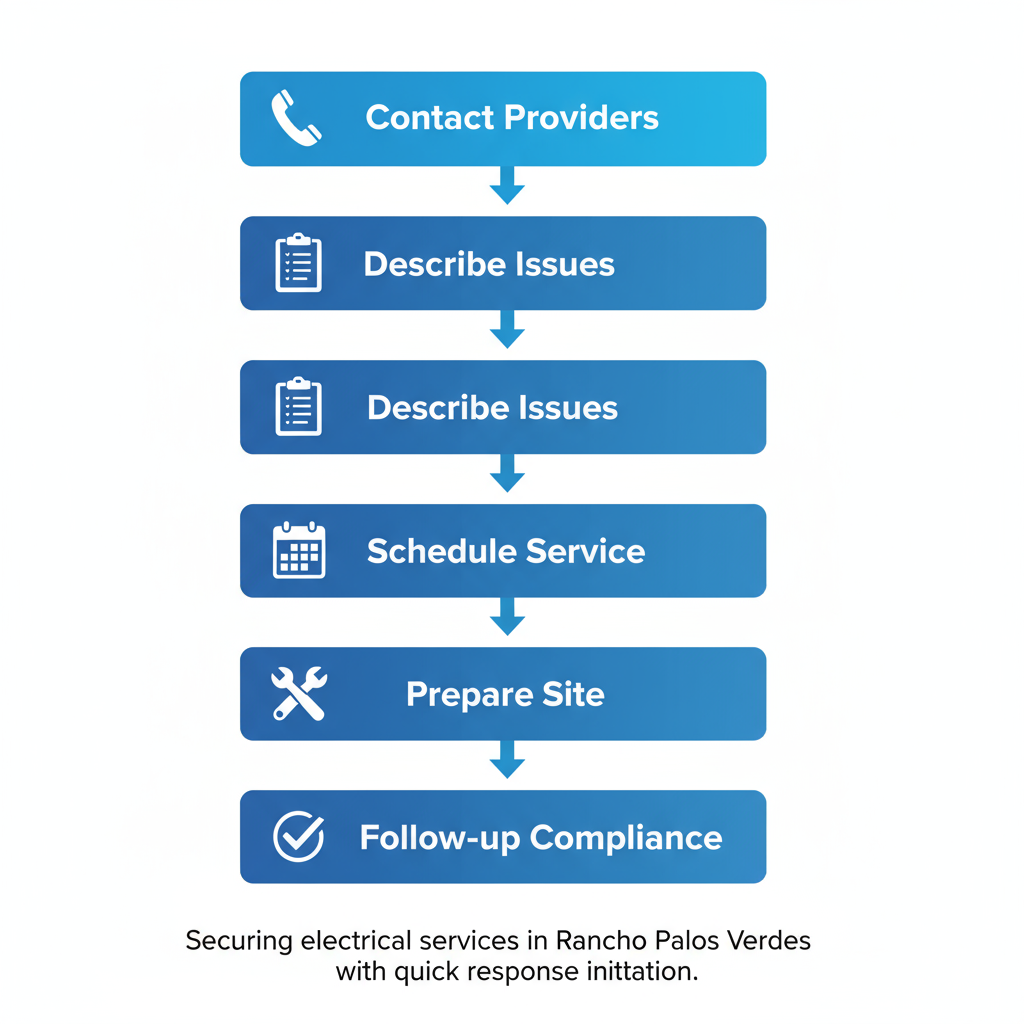 Vertical process flow diagram illustrating five steps to secure electrical services: contact providers, describe issues, schedule appointment, prepare site, and follow-up for compliance.
