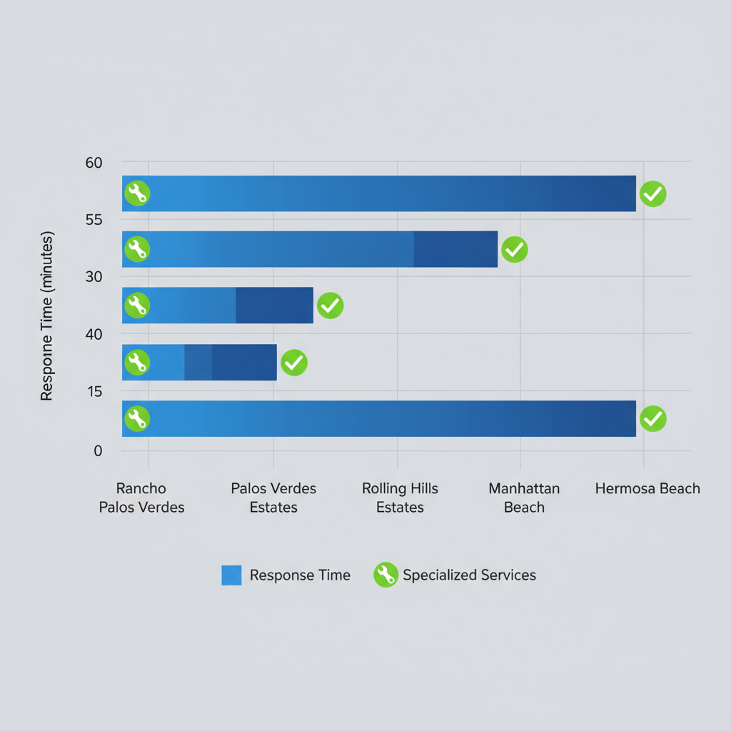 Horizontal bar chart comparing electrician emergency response times across five Palos Verdes areas