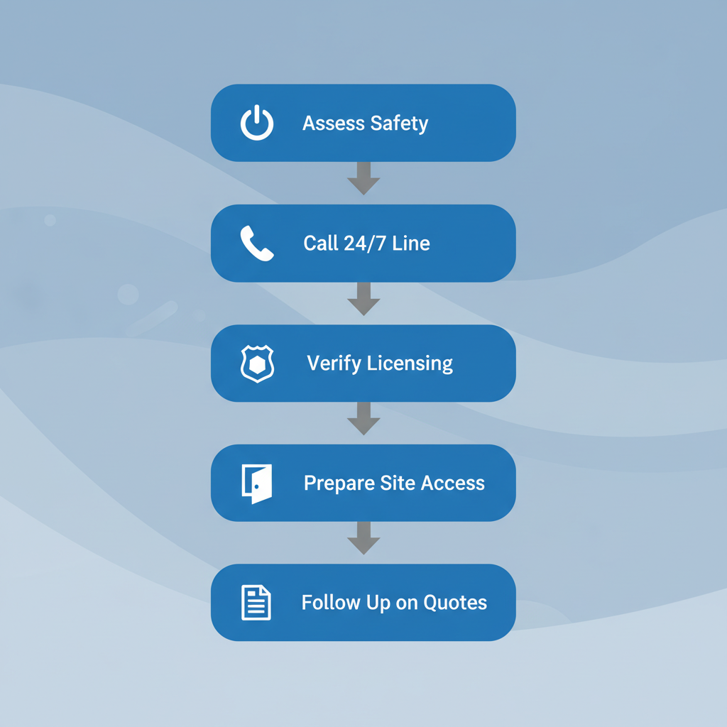 Vertical process flow diagram illustrating steps to secure emergency electrical help in Rancho Palos Verdes