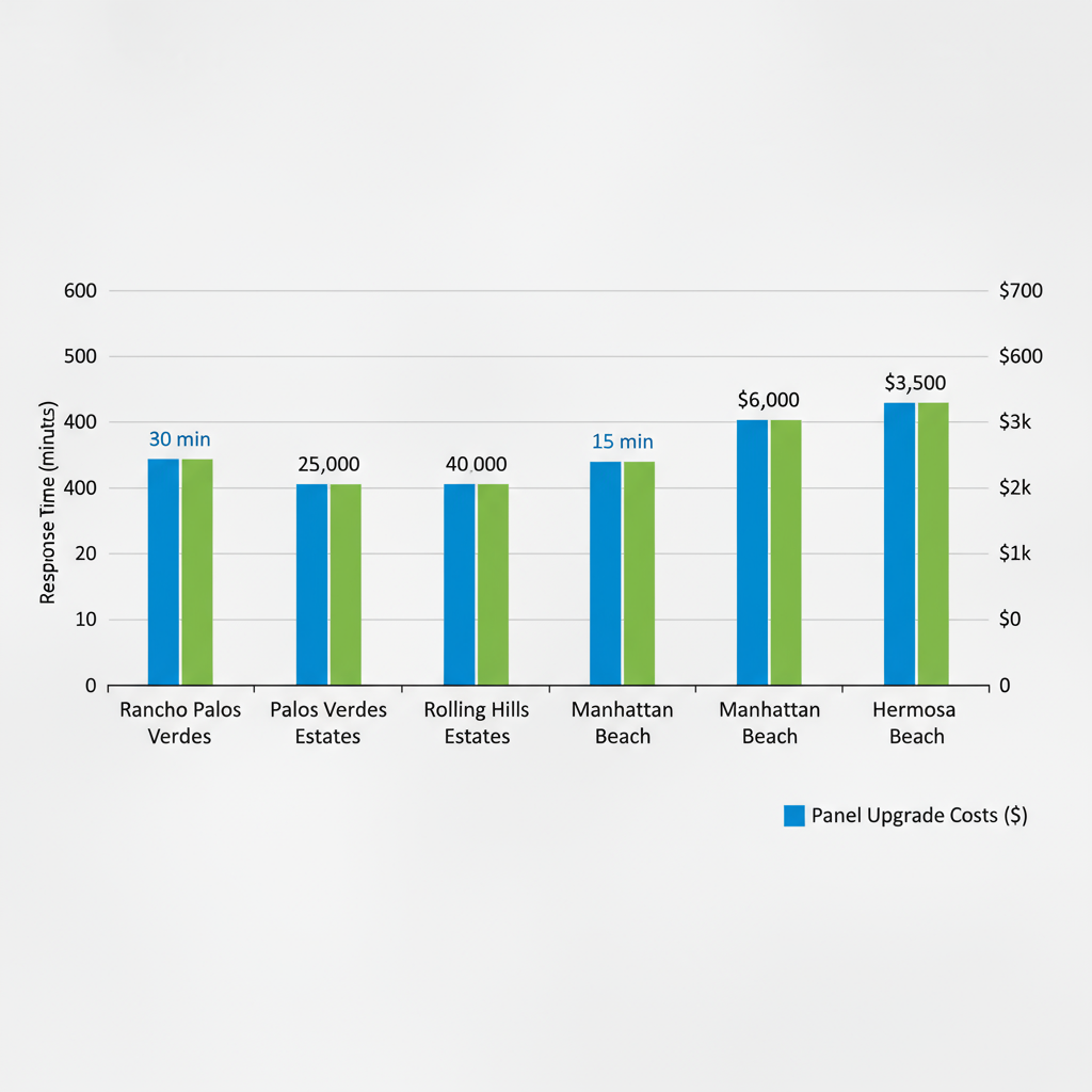Bar chart comparing response times and panel upgrade costs for electrician services in Rancho Palos Verdes and nearby coastal areas
