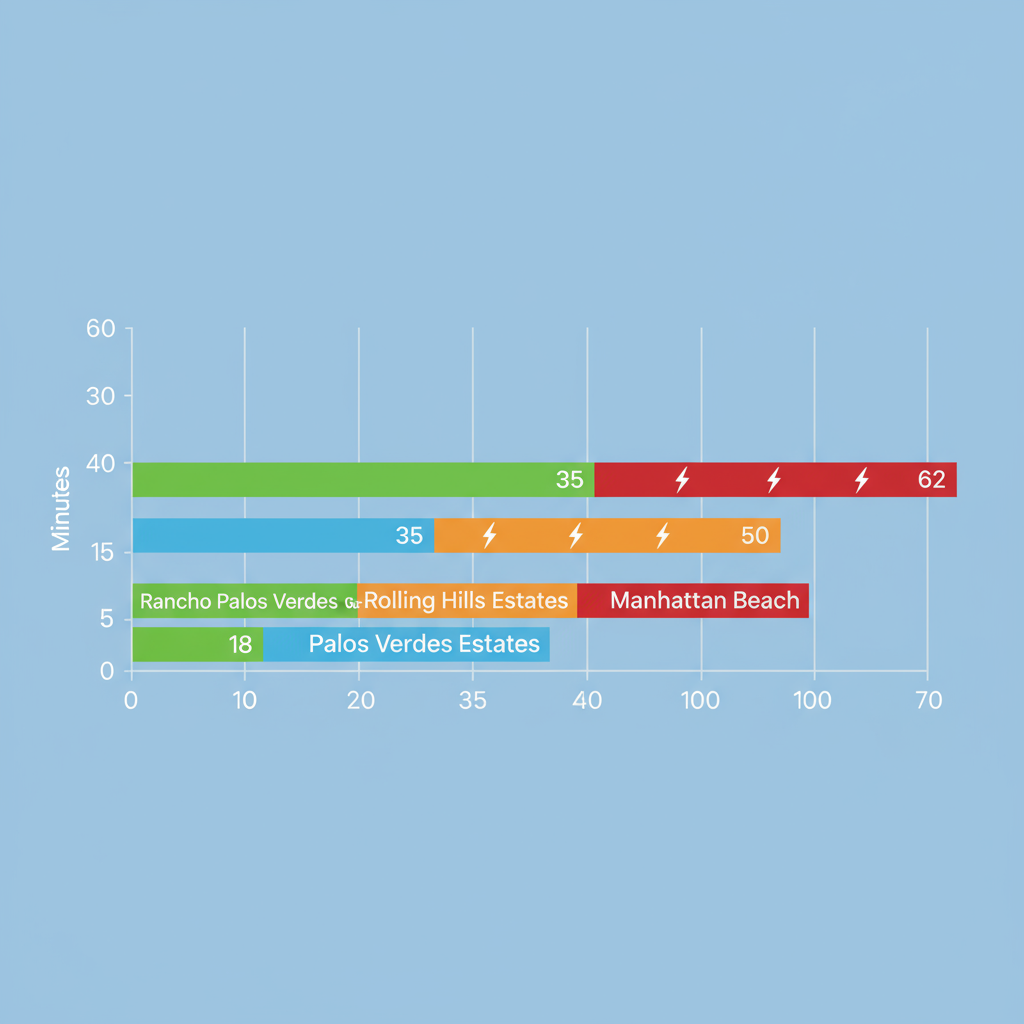 Horizontal bar chart showing average emergency electrical response times in minutes for Rancho Palos Verdes neighborhoods