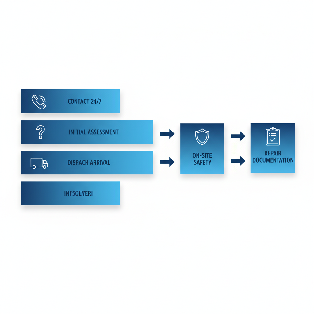 Horizontal process flow diagram showing steps to schedule emergency electrical help with icons for contact, assessment, dispatch, safety check, and repair.