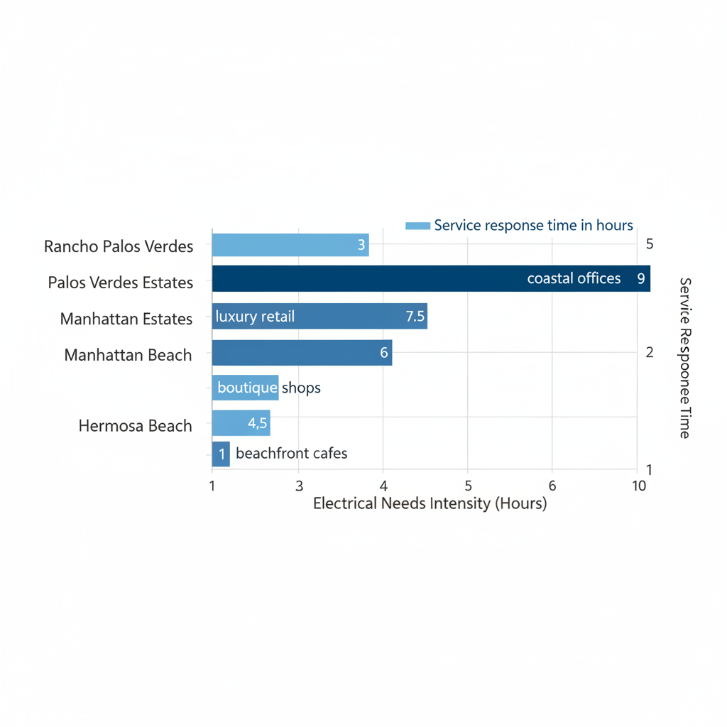 Horizontal bar chart showing electrical needs intensity and response times for commercial areas in Rancho Palos Verdes region
