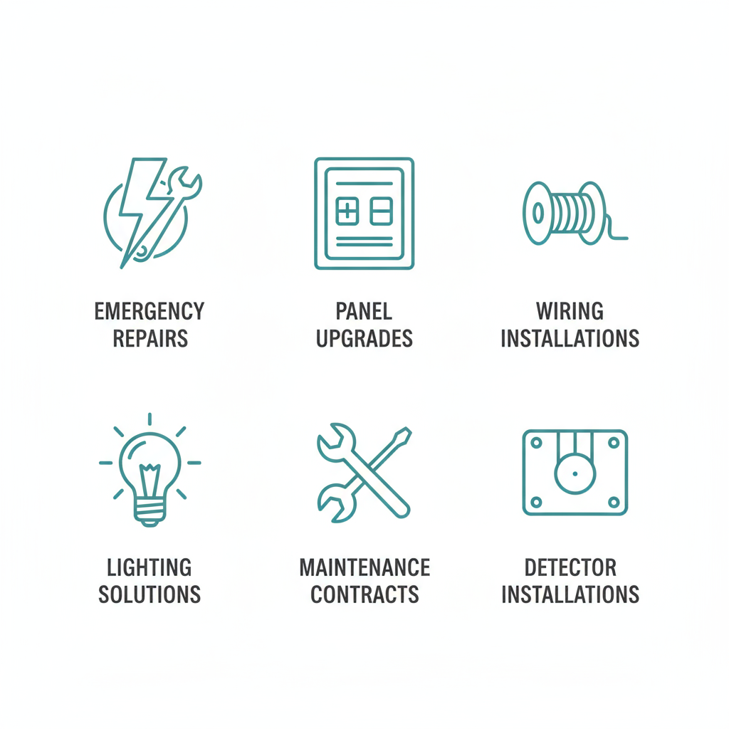 Grid of six icons depicting commercial electrical services: emergency repairs lightning bolt, panel upgrades circuit breaker, wiring installations wire spool, lighting solutions bulb, maintenance contracts wrench, detector installations smoke alarm.