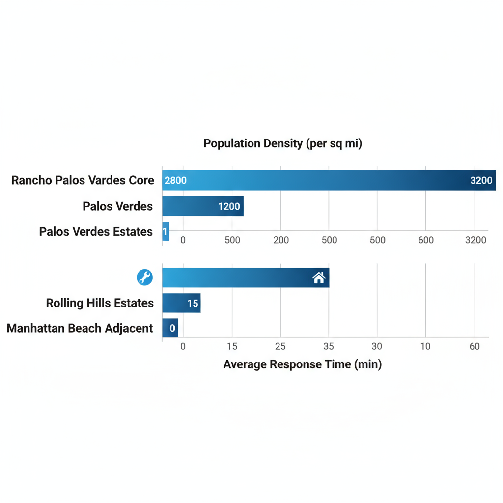 Horizontal bar chart comparing population density and average response times for electrical services in Rancho Palos Verdes neighborhoods