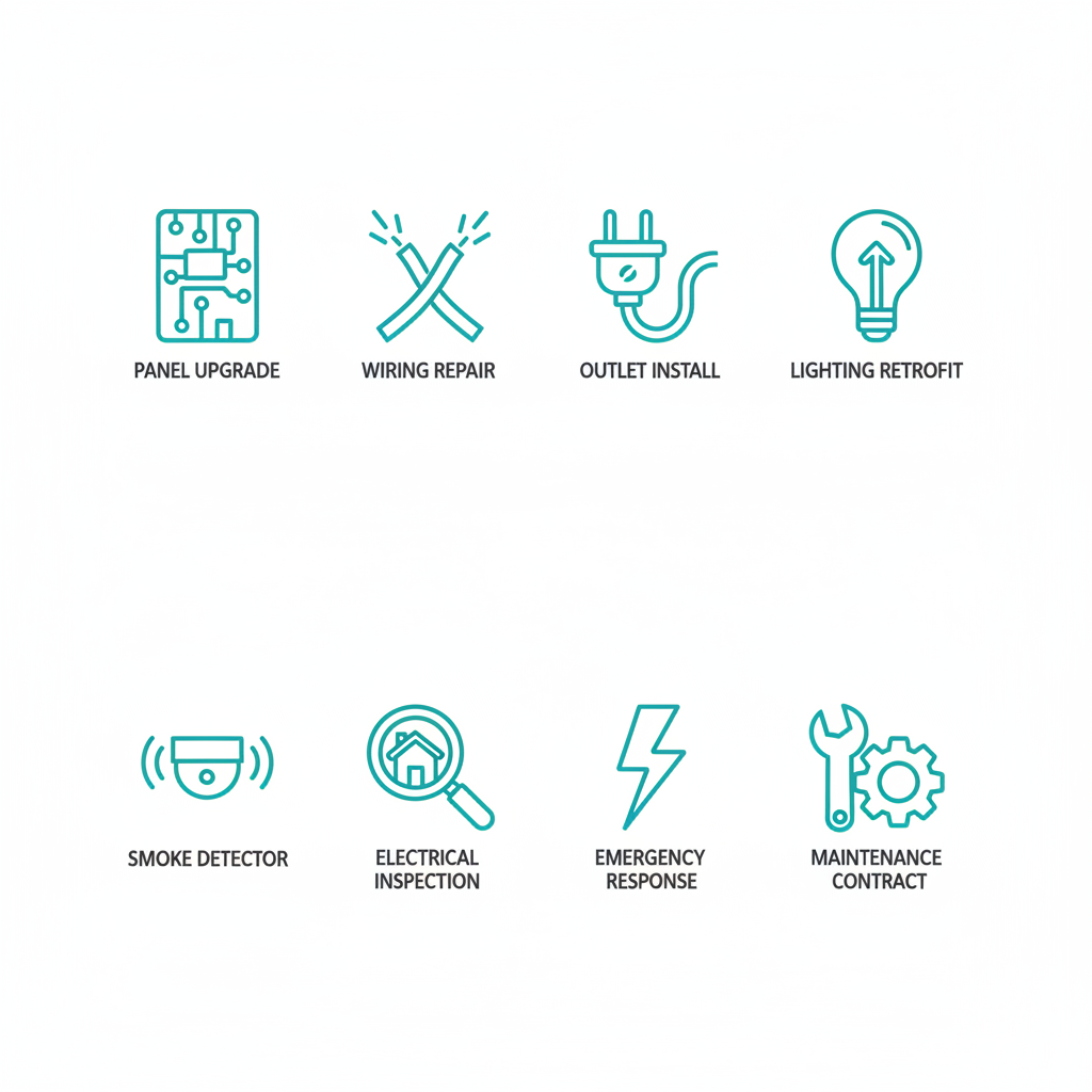 Icon grid depicting electrical services: panel upgrade, wiring repair, outlet installation, lighting retrofit, smoke detector, inspection, emergency response, and maintenance contract.