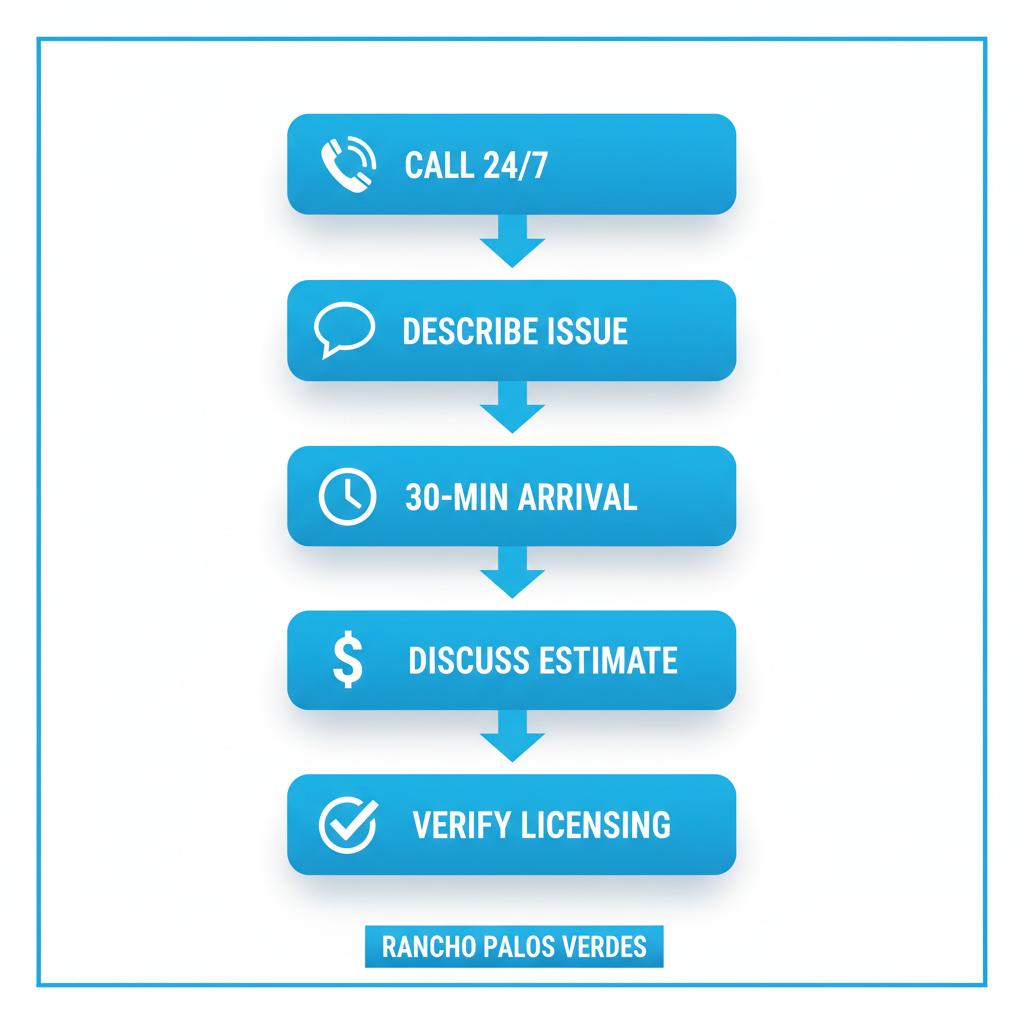 Vertical process flow diagram illustrating five steps to initiate emergency electrical help: calling the line, describing the issue, expecting arrival, discussing estimate, and verifying licensing.