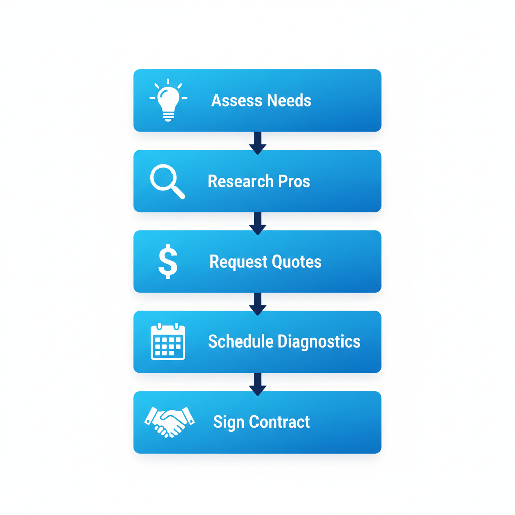 Vertical process flow diagram illustrating five steps to hire electricians in Palos Verdes Estates with icons