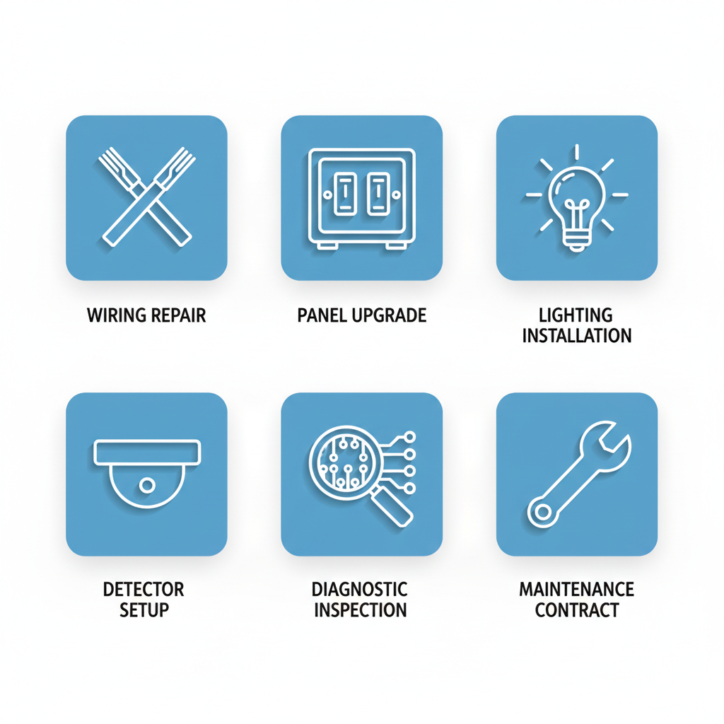 Set of icons depicting commercial electrical services including wiring repair, panel upgrade, lighting installation, detector setup, diagnostic inspection, and maintenance contract