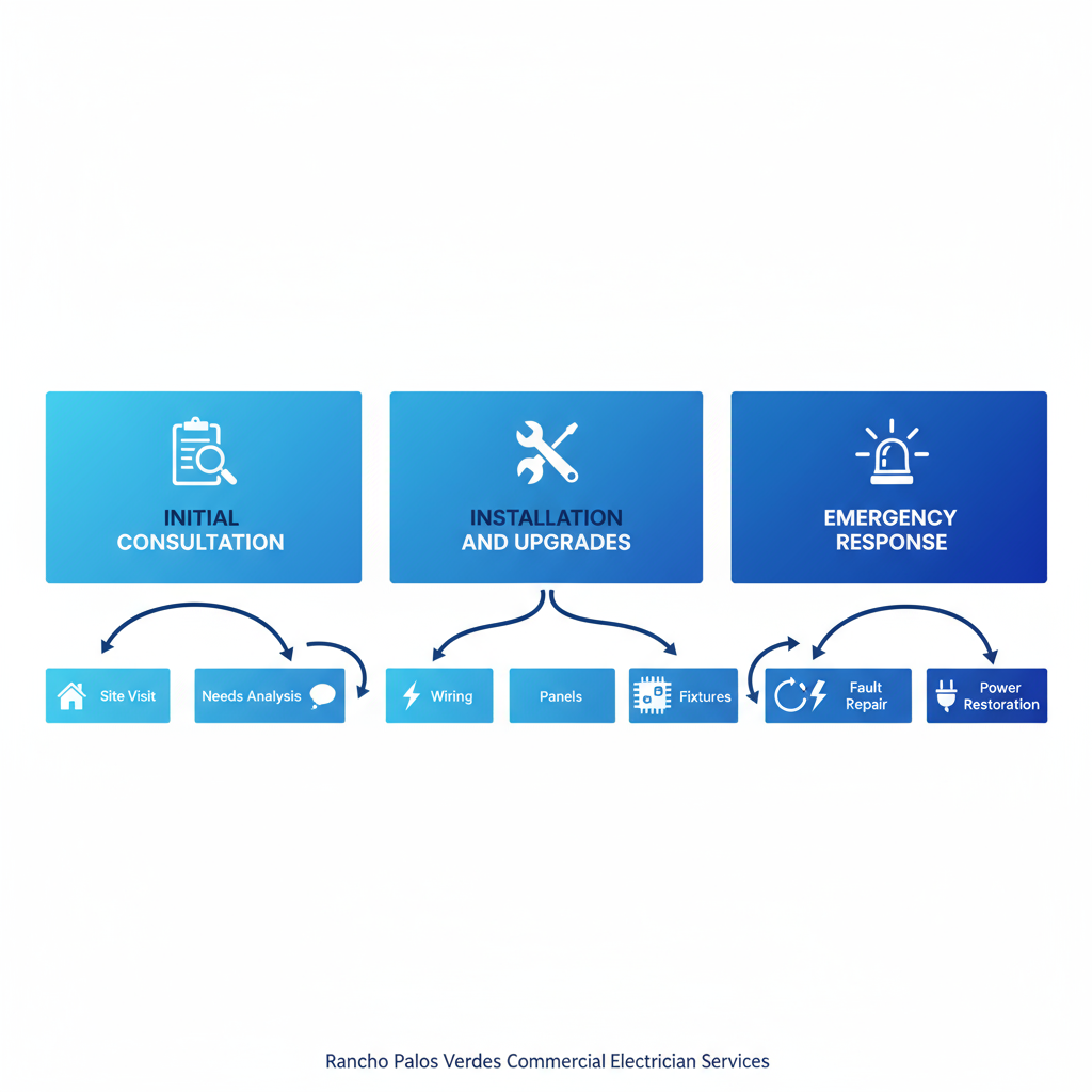 Horizontal process flow diagram illustrating the stages of hiring and working with local commercial electricians: initial consultation, installation and upgrades, and emergency response.