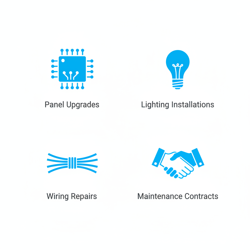 Grid of icons depicting panel upgrades, lighting installations, wiring repairs, and maintenance contracts for commercial electrical services