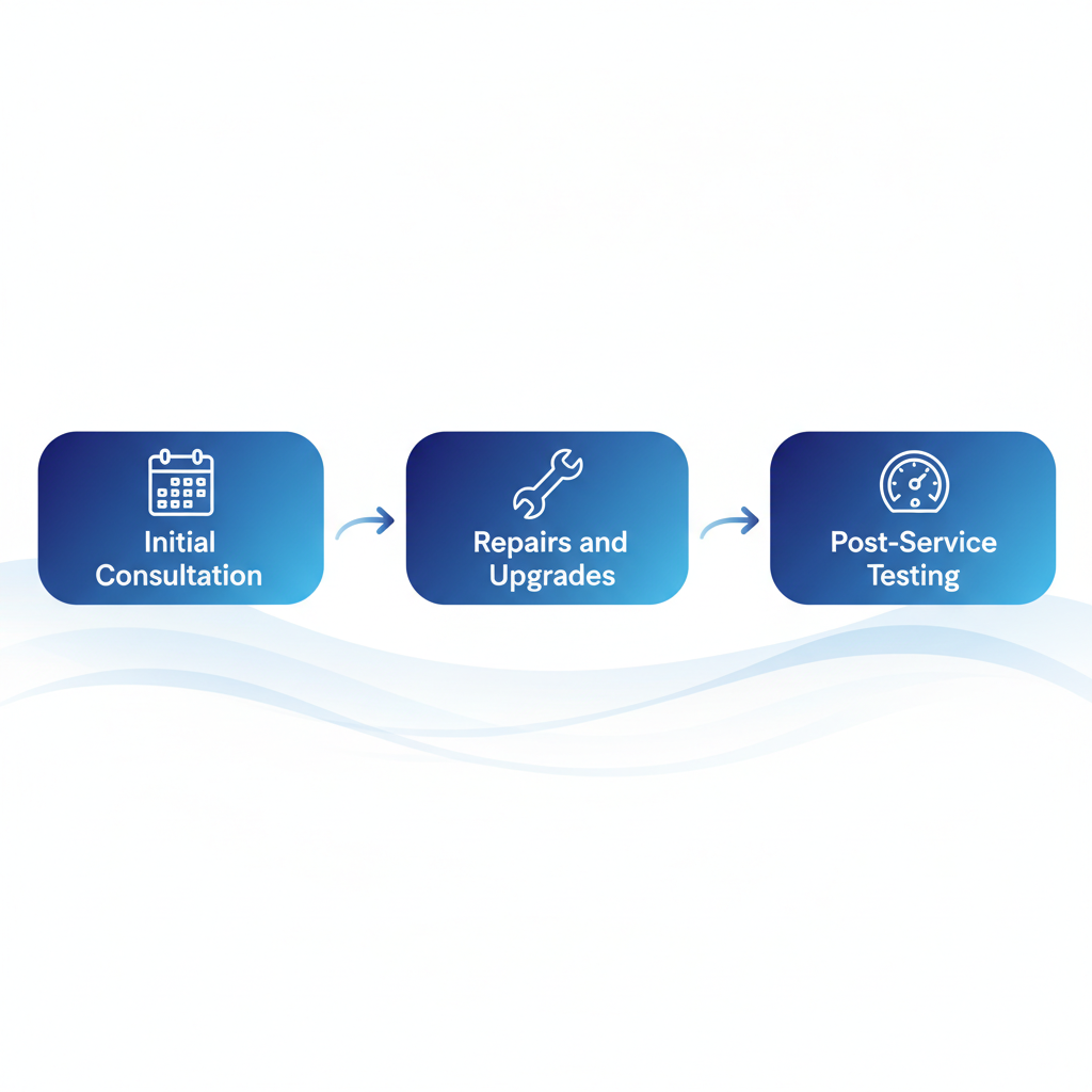 Horizontal process flow diagram showing three stages of electrical service: consultation, repairs, and testing with icons.