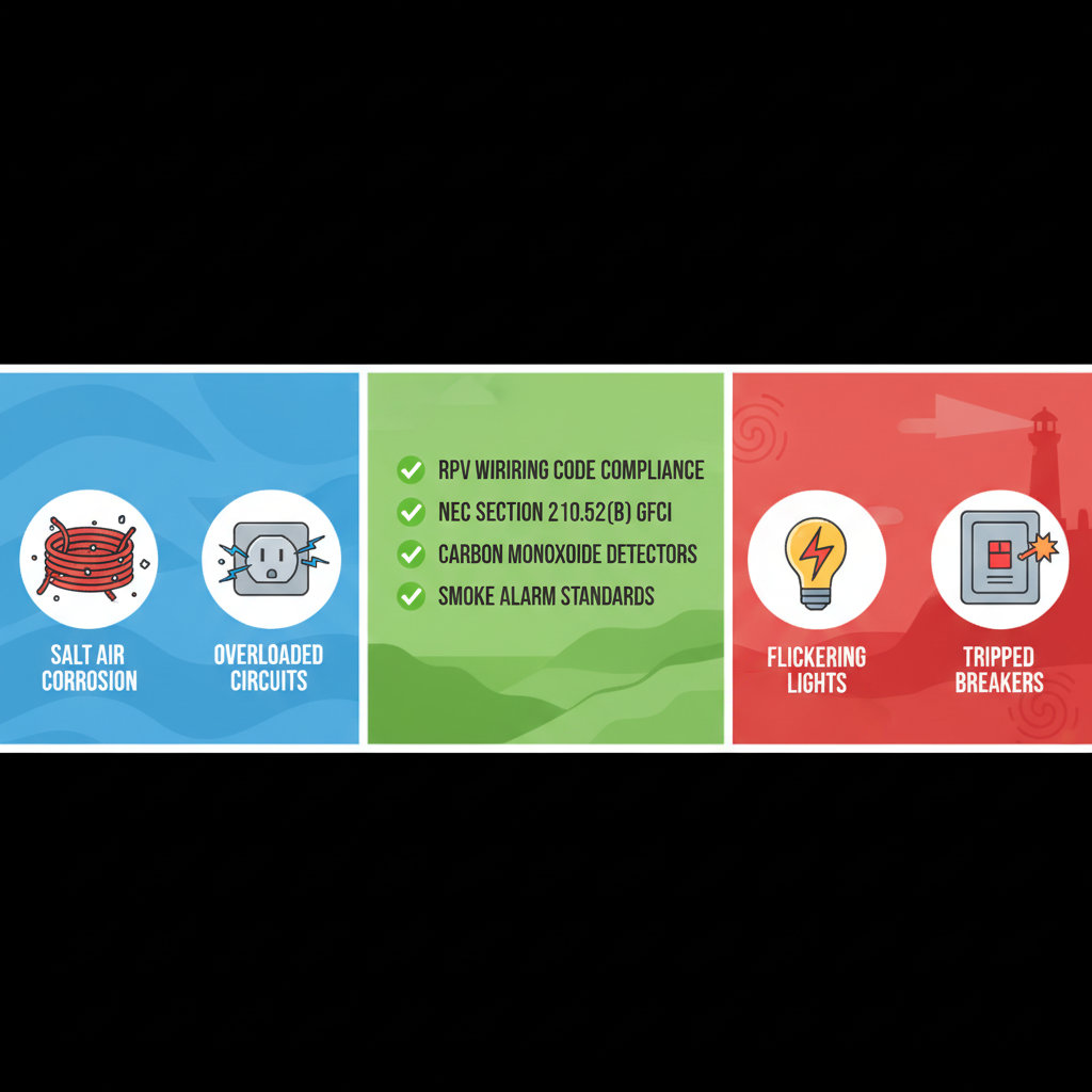 Infographic illustrating common electrical issues, local codes, and warning signs in Rancho Palos Verdes coastal homes