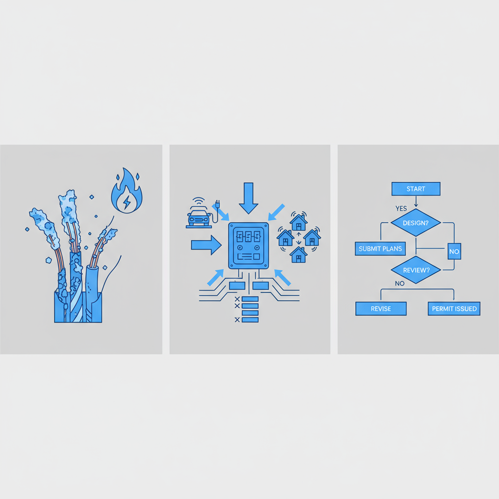 Infographic illustrating three key electrical challenges: coastal wiring corrosion, high-demand system overloads, and local code compliance in Palos Verdes Estates.