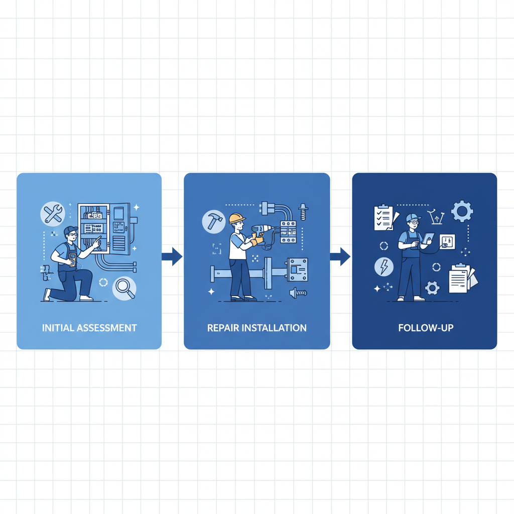 Horizontal process flow diagram illustrating three stages of electrical services: initial assessment, repair and installation, and follow-up verification.
