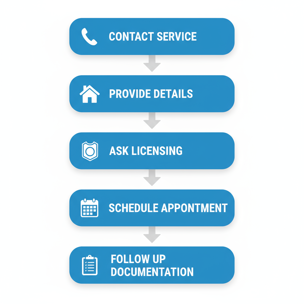 Vertical process flow diagram illustrating five steps to hire a local electrician: contact, provide details, ask about licensing, schedule appointment, and follow up for documentation