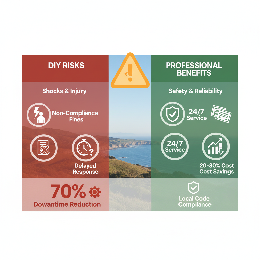 Infographic comparing DIY electrical risks versus professional service benefits including safety, cost savings, and 24/7 availability in Rancho Palos Verdes