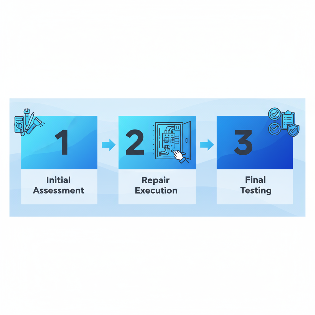 Horizontal process flow diagram of three key stages in Rancho Palos Verdes electrical services: initial assessment, repair execution, and final testing with icons and arrows.
