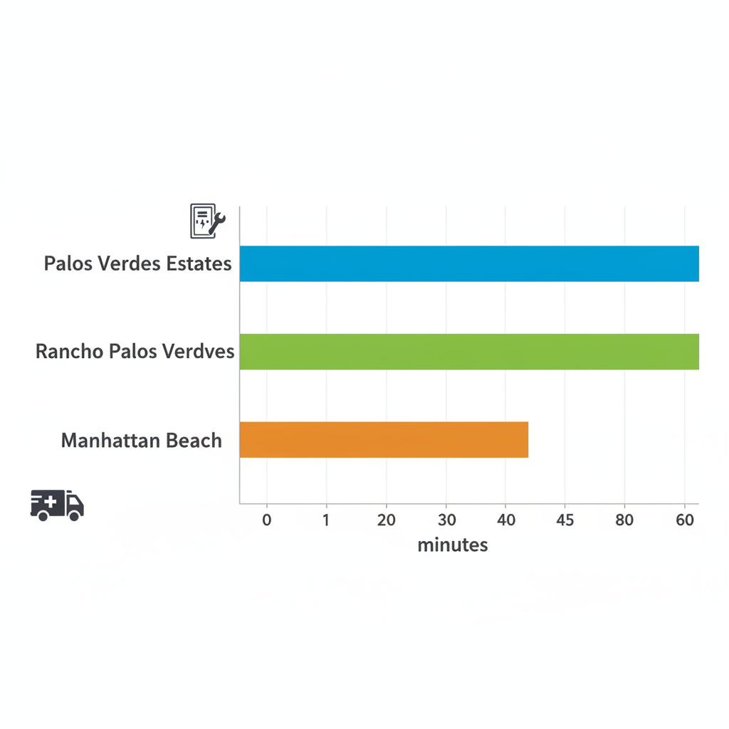 Horizontal bar chart comparing response times for electrical services in Palos Verdes Estates, Rancho Palos Verdes, and Manhattan Beach