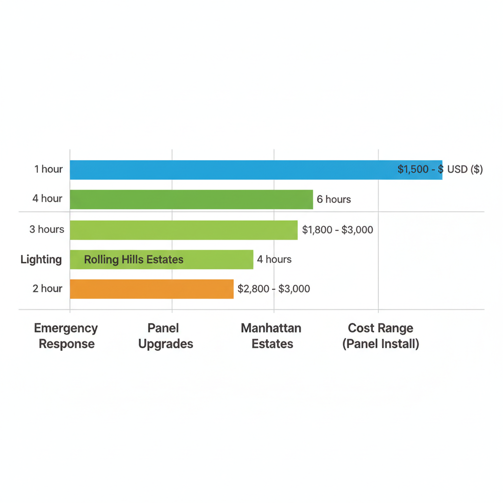 Horizontal bar chart comparing electrical services including emergency response, panel upgrades, lighting retrofits, and panel installation costs across Palos Verdes Estates, Rolling Hills Estates, and Manhattan Beach