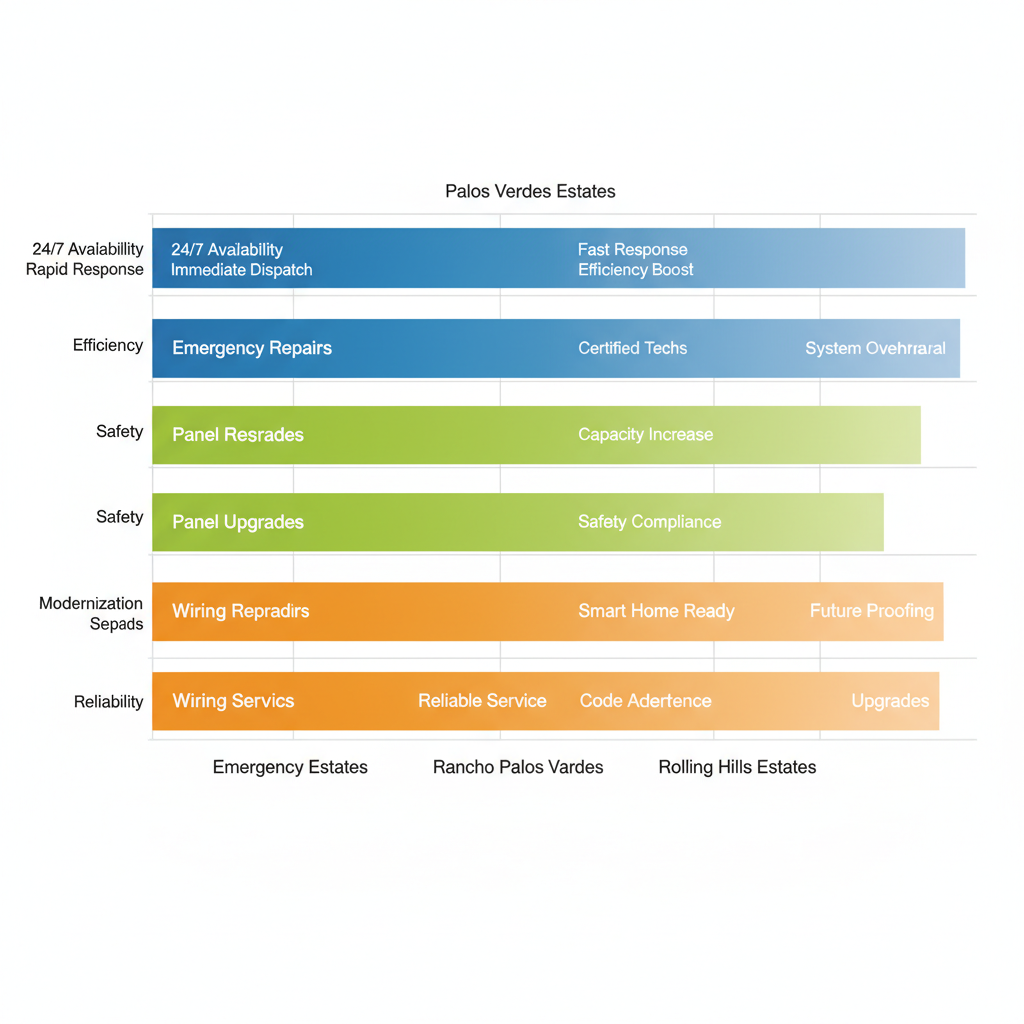 Horizontal bar chart comparing electrical services across Palos Verdes areas including emergency repairs, panel upgrades, and wiring repairs with qualitative strength indicators.