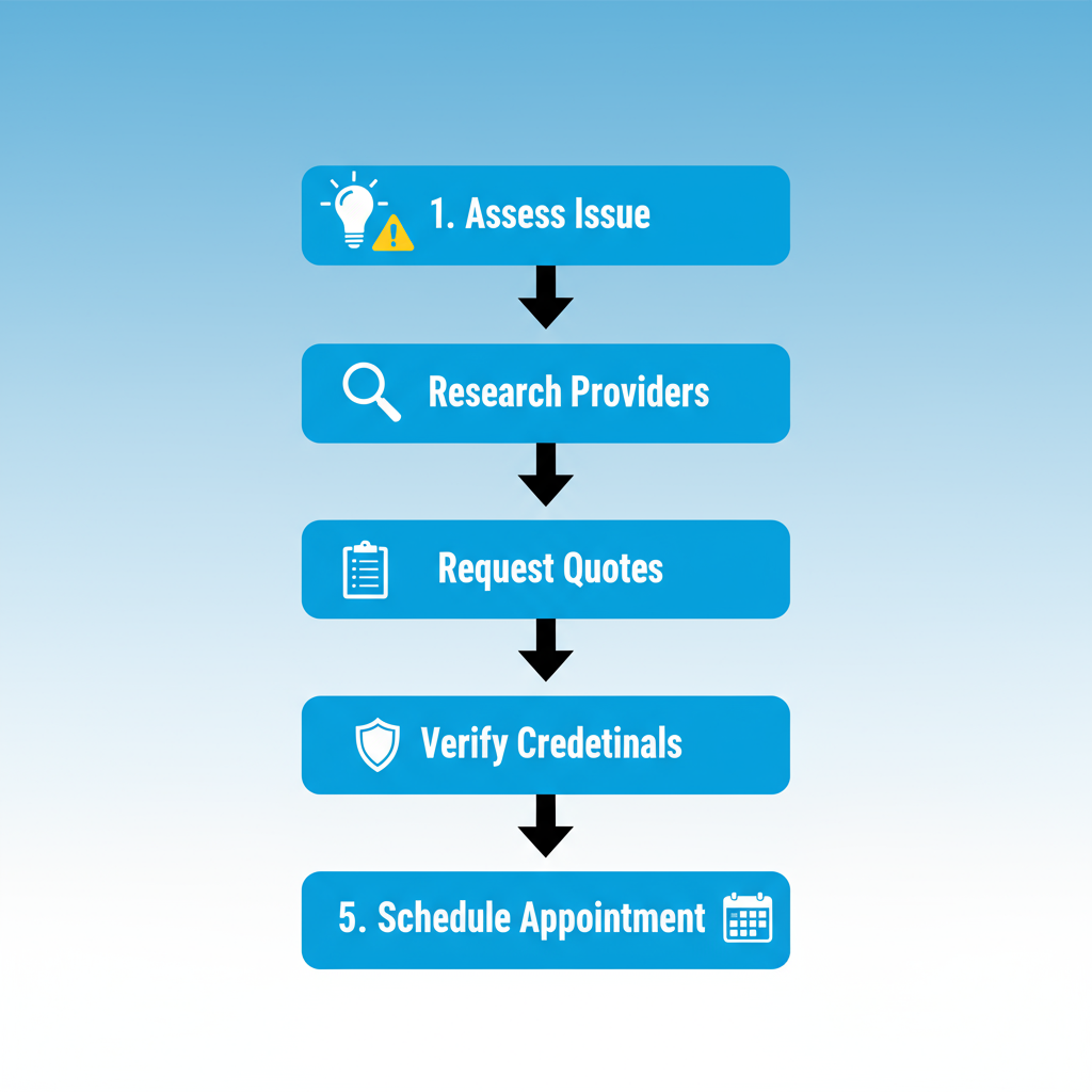 Vertical process flow diagram showing five steps to hire a local electrician: assess issue, research providers, request quotes, verify credentials, and schedule appointment.