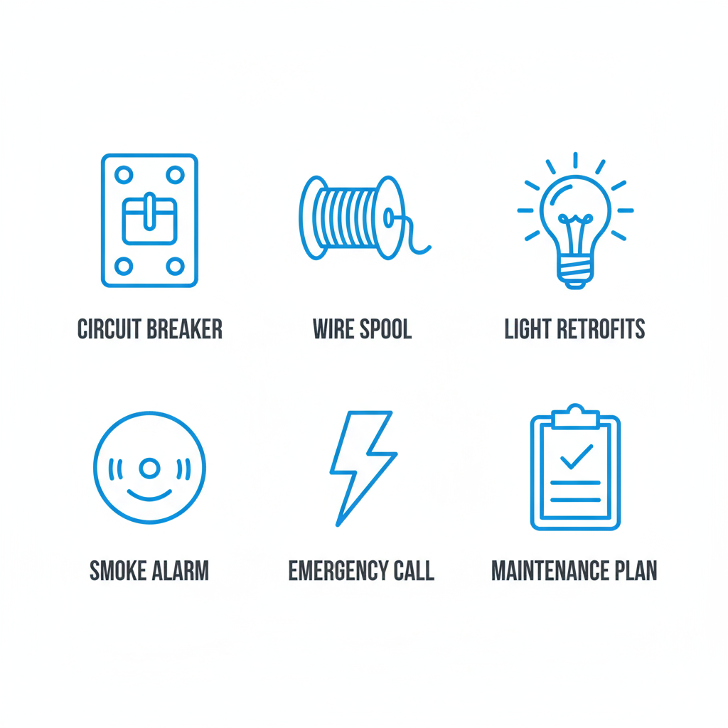 Grid of six modern icons representing key electrical services: panel installations, wiring repairs, lighting retrofits, detector testing, emergency response, and maintenance contracts