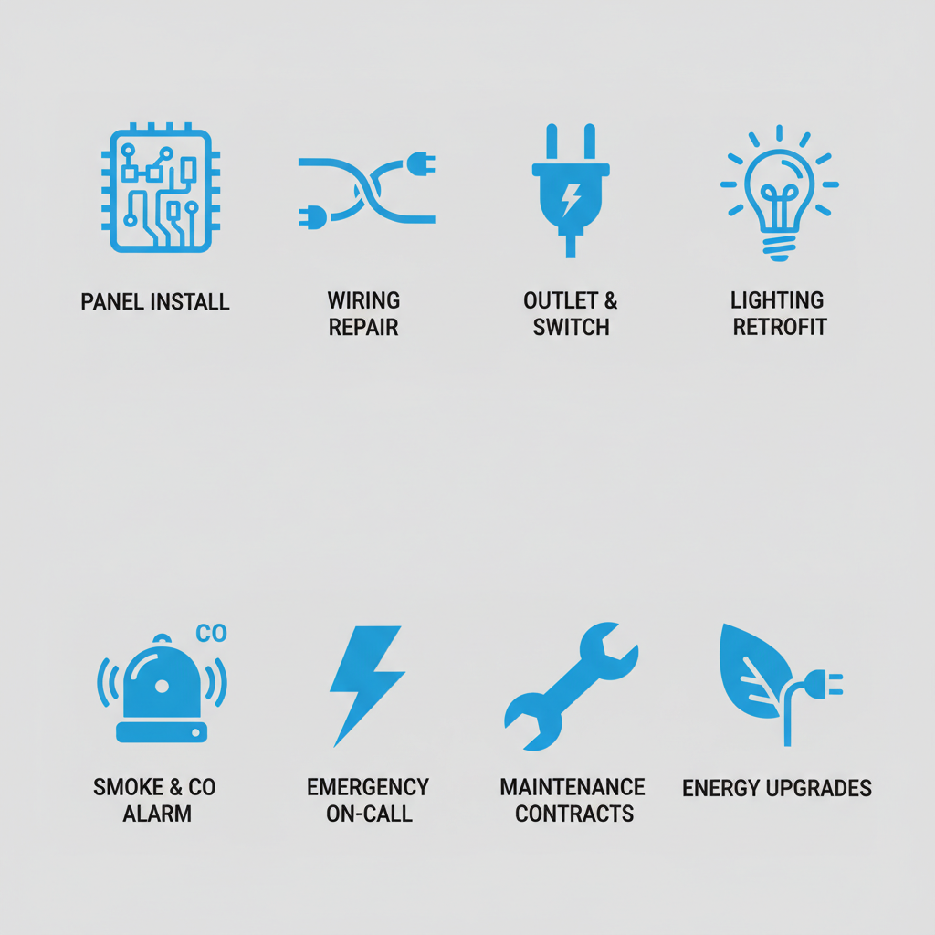 Grid of icons depicting electrical services including panel installation, wiring repair, outlets, lighting, detectors, emergency, maintenance, and upgrades.