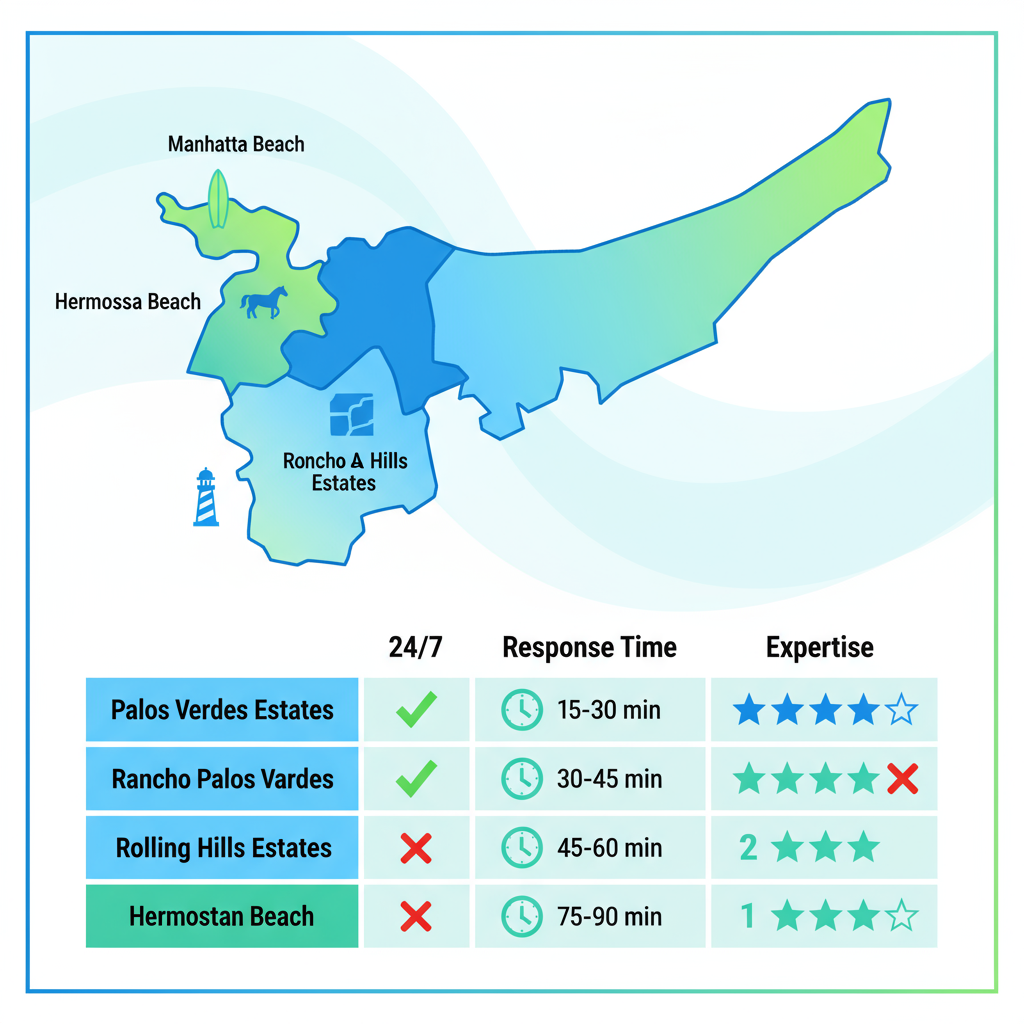 Infographic comparing electrical service coverage and response times across Palos Verdes Peninsula areas