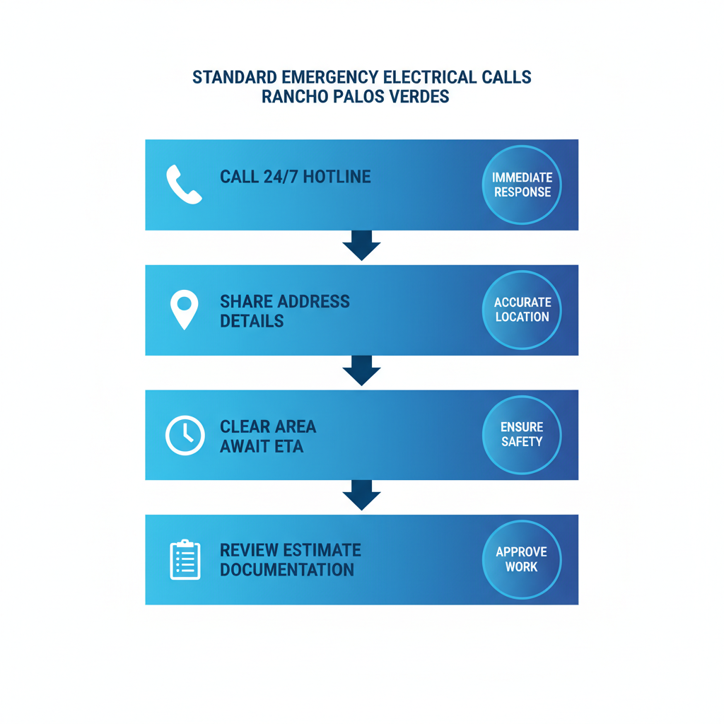 Vertical process flow illustrating steps to contact emergency electricians: call hotline, share details, prepare site, review estimate.