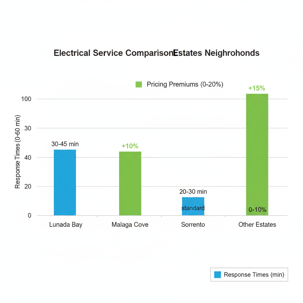 Bar chart comparing electrical service response times and pricing premiums in Palos Verdes Estates neighborhoods