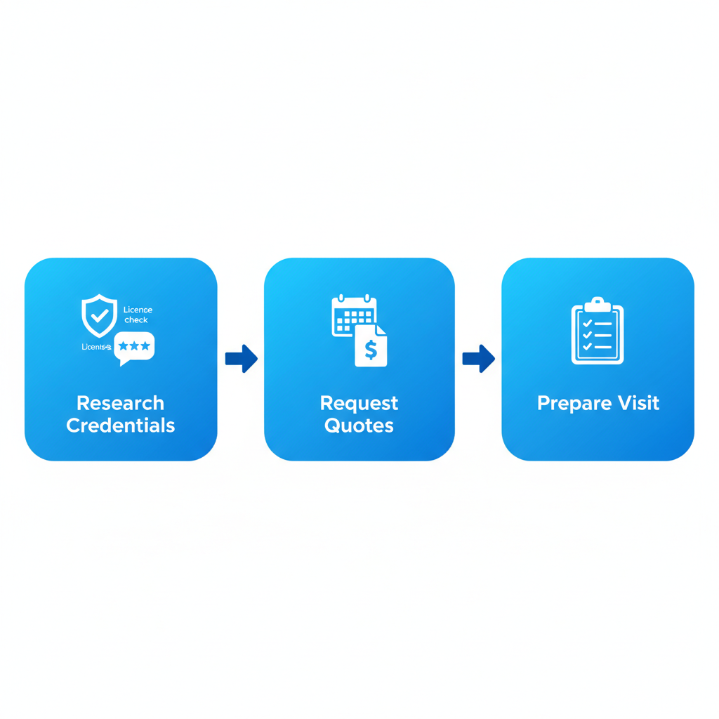 Horizontal process flow illustrating steps to hire an electrician: research and verify credentials, request quotes and schedule, prepare for service visit
