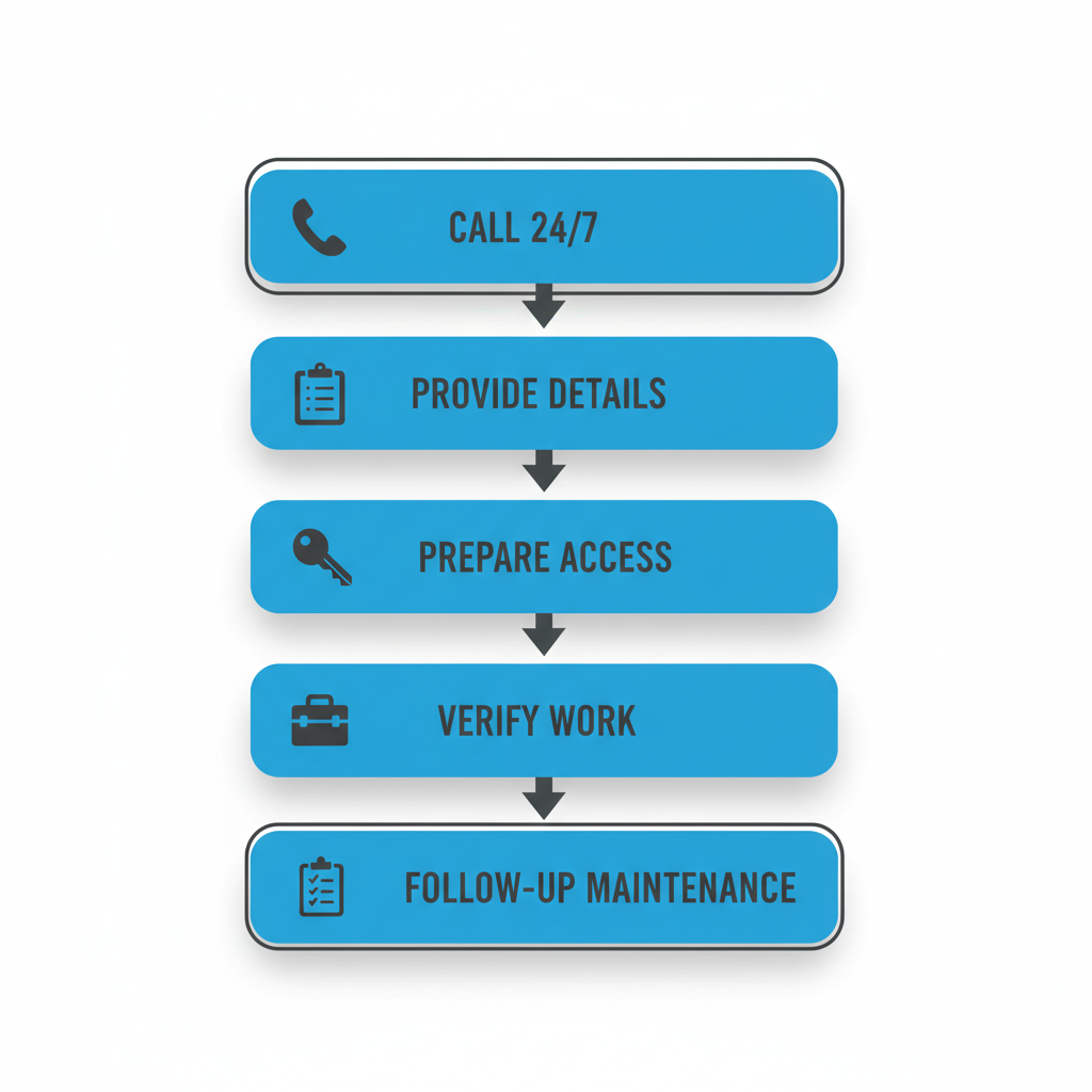 Vertical process flow diagram illustrating the five steps to engage emergency electricians with icons and brief labels