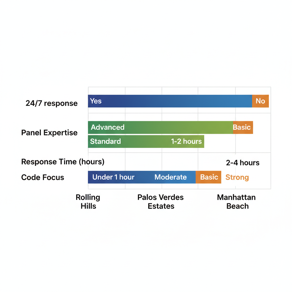 Horizontal bar chart comparing electrical service metrics in Rolling Hills, Palos Verdes Estates, and Manhattan Beach