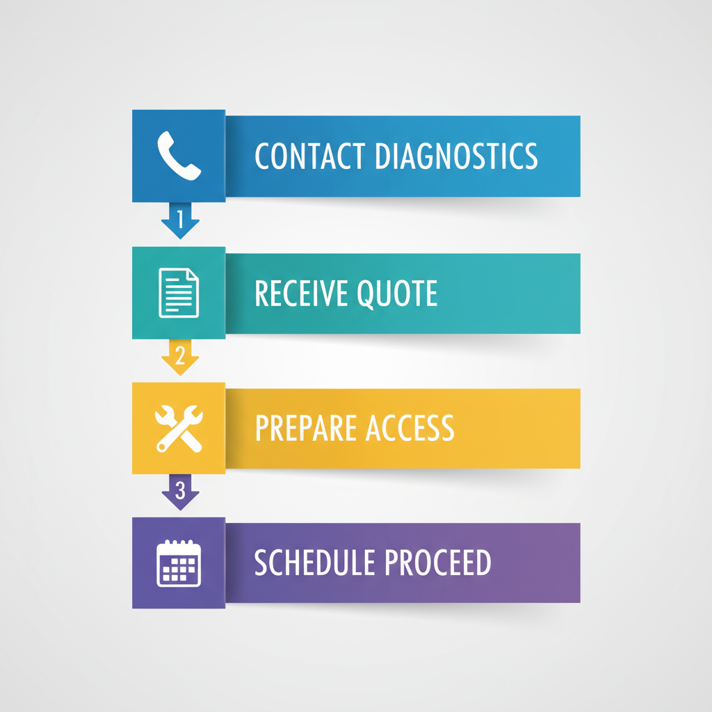 Vertical process flow diagram illustrating four steps to initiate an electrical project: contact for diagnostics, receive quote, prepare site access, and schedule proceeding