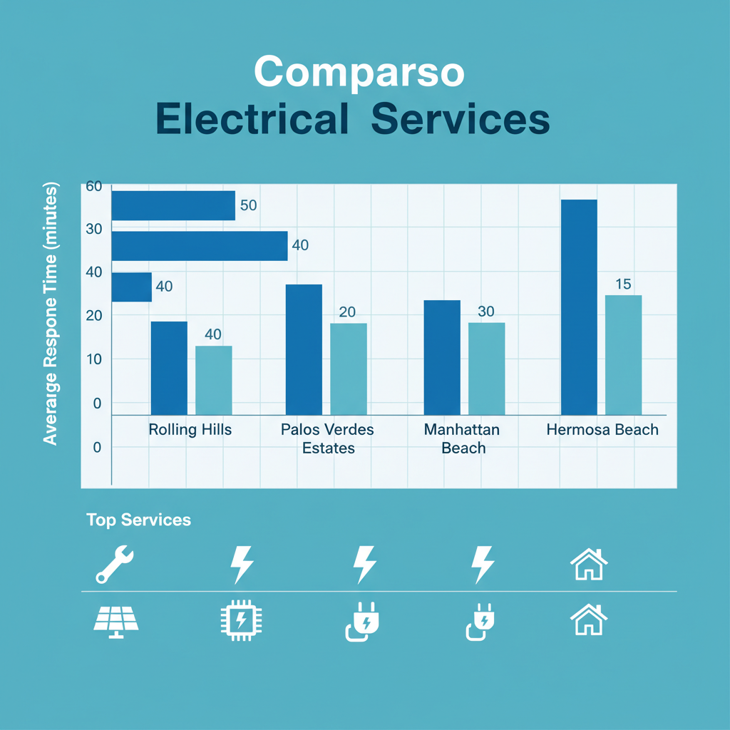 Bar chart comparing electrical service needs, response times, and top services across Rolling Hills and neighboring coastal areas